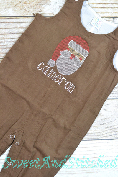 Baby Boy Christmas outfit with Santa face and name in vintage style, boys corduroy Santa overalls personalized, Monogrammed Christmas outfit