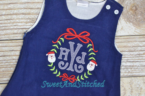 Monogrammed Corduroy Christmas dress in navy with santa monogram, Girls personalized Christmas dress, coordinating sibling Christmas outfits