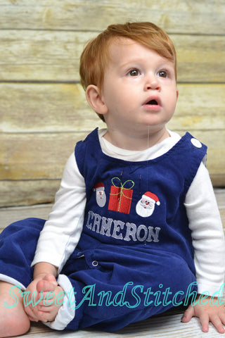 Baby boy Christmas outfit, Toddler Boys Christmas overalls, Boys monogrammed santa outfit, Navy Corduroy Christmas Longall Outfit