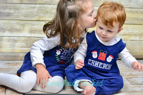 Baby boy Christmas outfit, Toddler Boys Christmas overalls, Boys monogrammed santa outfit, Navy Corduroy Christmas Longall Outfit