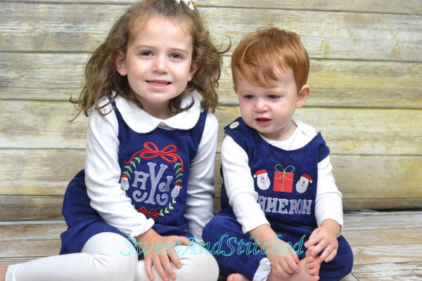 Baby boy Christmas outfit, Toddler Boys Christmas overalls, Boys monogrammed snowman outfit, Navy Corduroy Christmas Longall Outfit