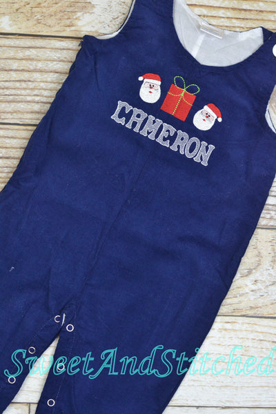 Baby boy Christmas outfit, Toddler Boys Christmas overalls, Boys monogrammed santa outfit, Navy Corduroy Christmas Longall Outfit