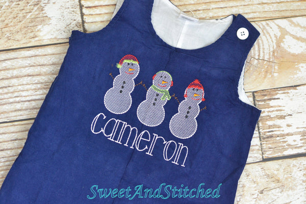 Baby boy Christmas outfit, Toddler Boys Christmas overalls, Boys monogrammed snowman outfit, Navy Corduroy Christmas Longall Outfit