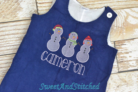 Baby boy Christmas outfit, Toddler Boys Christmas overalls, Boys monogrammed snowman outfit, Navy Corduroy Christmas Longall Outfit