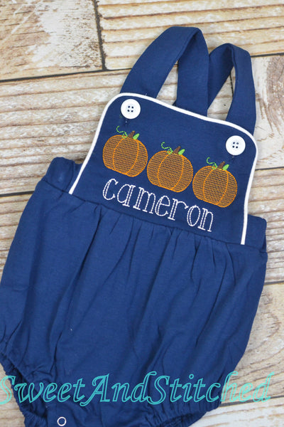 Monogrammed baby boy pumpkin outfit, monogrammed boys fall halloween thanksgiving outfit, bubble romper