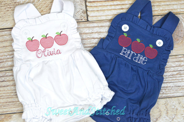 Monogrammed baby girl back to school outfit, monogrammed girls apple back to school bubble romper, cross backed sunsuit preschool outfit