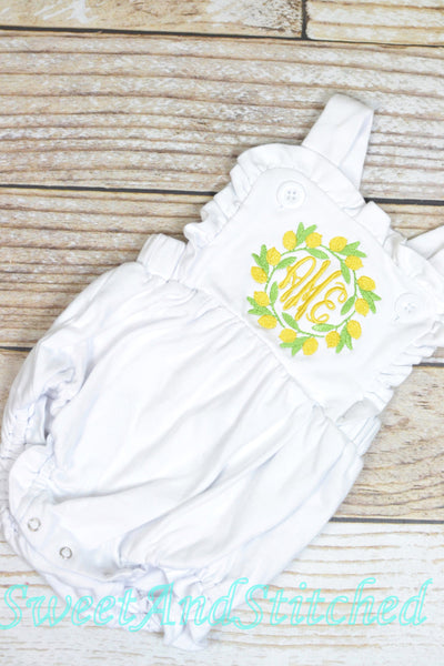 Monogrammed baby girl ruffle bubble with lemons, girls summer monogrammed lemon outfit, 1st birthday cake smash outfit, Summer Beach Outfit