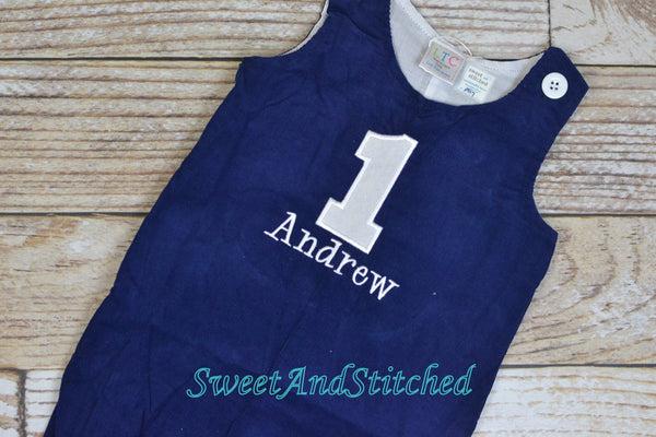 Monogrammed corduroy birthday outfit in navy with number and name, boys winter wonderland 1st birthday outfit, winter cake smash outfit