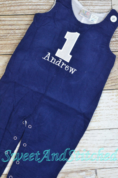 Monogrammed corduroy birthday outfit in navy with number and name, boys winter wonderland 1st birthday outfit, winter cake smash outfit