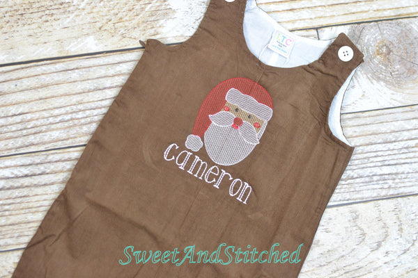 Baby Boy Christmas outfit with Santa face and name in vintage style, boys corduroy Santa overalls personalized, Monogrammed Christmas outfit