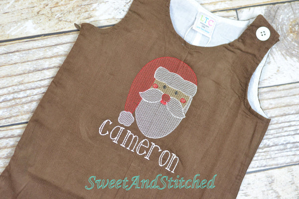 Baby Boy Christmas outfit with Santa face and name in vintage style, boys corduroy Santa overalls personalized, Monogrammed Christmas outfit
