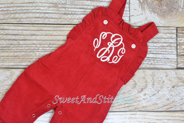 Baby girl monogrammed Valentin's outfit, Red Ruffle Christmas overalls, girls Christmas outfit, baby girl valentine's outfit