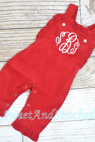 Baby girl monogrammed Valentin's outfit, Red Ruffle Christmas overalls, girls Christmas outfit, baby girl valentine's outfit