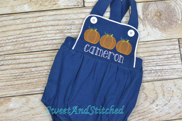 Monogrammed baby boy pumpkin outfit, monogrammed boys fall halloween thanksgiving outfit, bubble romper