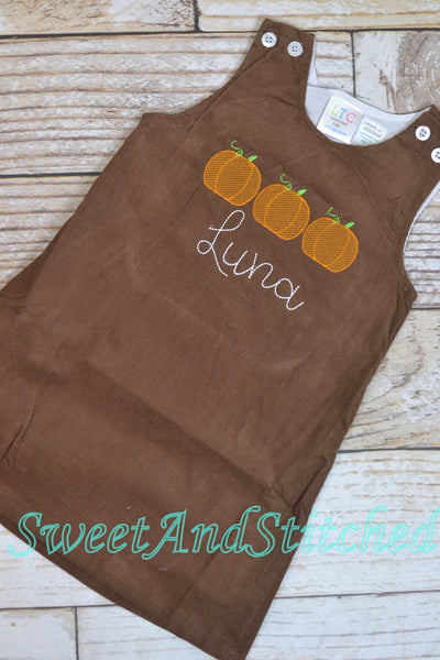 Girls Pumpkin Dress, monogrammed thanksgiving dress, corduroy jumper, personalized Corduroy pumpkin dress,