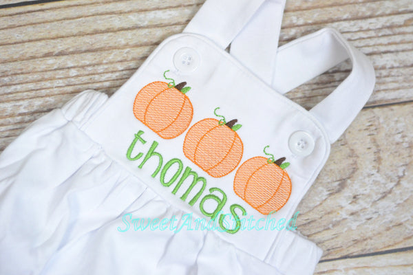 Monogrammed boys pumpkin romper, Boys fall or halloween outfit with pumpkins, baby boy bubble romper, baby boy pumpkin outfit