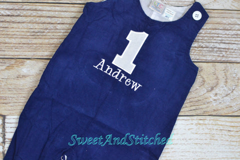 Monogrammed corduroy birthday outfit in navy with number and name, boys winter wonderland 1st birthday outfit, winter cake smash outfit
