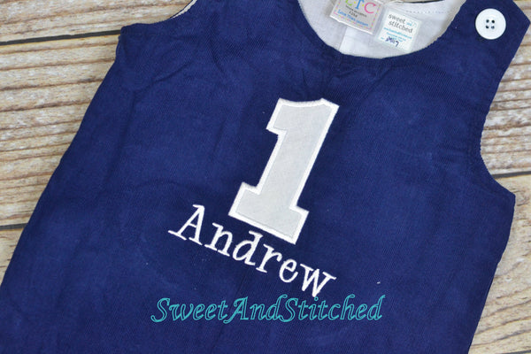 Monogrammed corduroy birthday outfit in navy with number and name, boys winter wonderland 1st birthday outfit, winter cake smash outfit