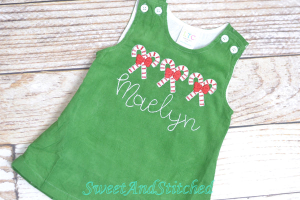 Girls candy cane Christmas dress - Monogrammed Christmas outfit- Corduroy Christmas jumper dress - baby girl christmas outfit