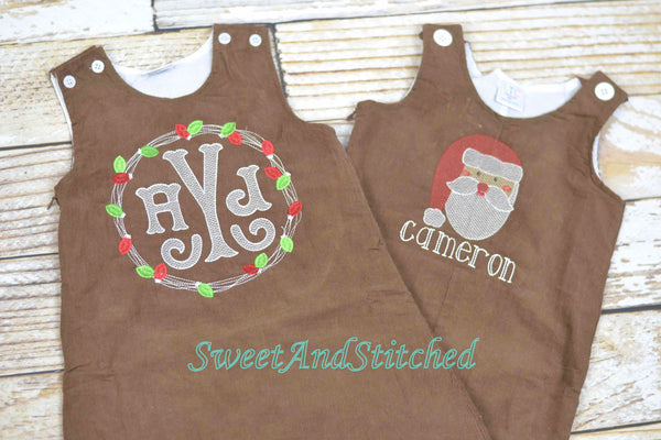 Baby Boy Christmas outfit with Santa face and name in vintage style, boys corduroy Santa overalls personalized, Monogrammed Christmas outfit