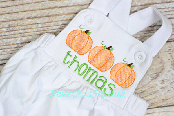 Monogrammed boys pumpkin romper, Boys fall or halloween outfit with pumpkins, baby boy bubble romper, baby boy pumpkin outfit