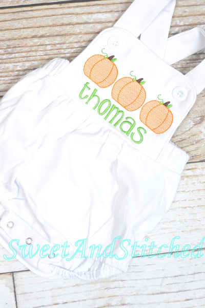Monogrammed boys pumpkin romper, Boys fall or halloween outfit with pumpkins, baby boy bubble romper, baby boy pumpkin outfit