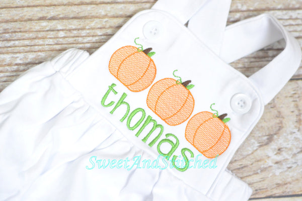 Monogrammed boys pumpkin romper, Boys fall or halloween outfit with pumpkins, baby boy bubble romper, baby boy pumpkin outfit