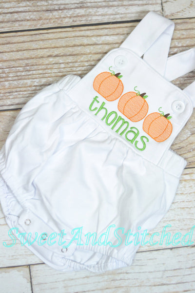 Monogrammed boys pumpkin romper, Boys fall or halloween outfit with pumpkins, baby boy bubble romper, baby boy pumpkin outfit