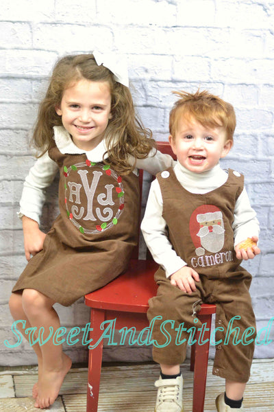 Baby Boy Christmas outfit with Santa face and name in vintage style, boys corduroy Santa overalls personalized, Monogrammed Christmas outfit