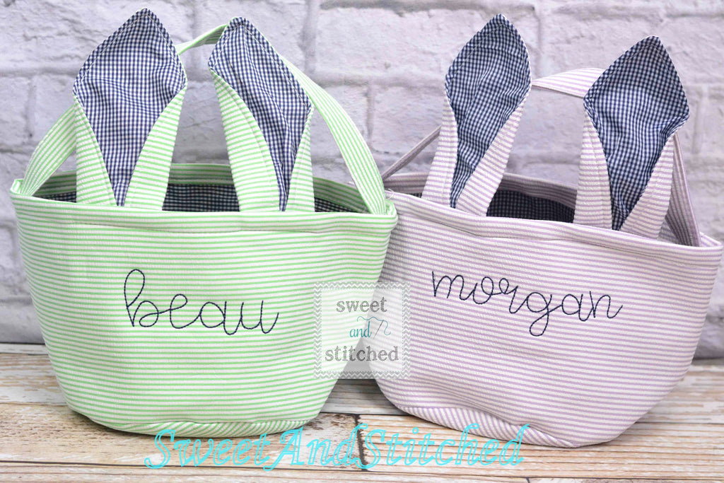 Monogrammed Easter baskets in pink, purple, and blue seersucker, seersucker easter baskets personalized, seersucker tote bags monogrammed