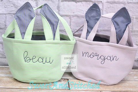 Monogrammed Easter baskets in pink, purple, and blue seersucker, seersucker easter baskets personalized, seersucker tote bags monogrammed