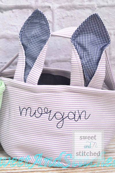 Monogrammed Easter baskets in pink, purple, and blue seersucker, seersucker easter baskets personalized, seersucker tote bags monogrammed
