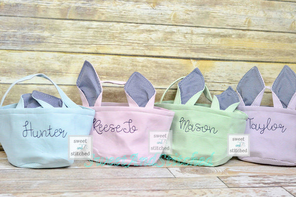Monogrammed Easter baskets in pink, purple, and blue seersucker, seersucker easter baskets personalized, seersucker tote bags monogrammed