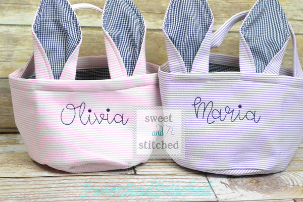 Monogrammed Easter baskets in pink, purple, and blue seersucker, seersucker easter baskets personalized, seersucker tote bags monogrammed