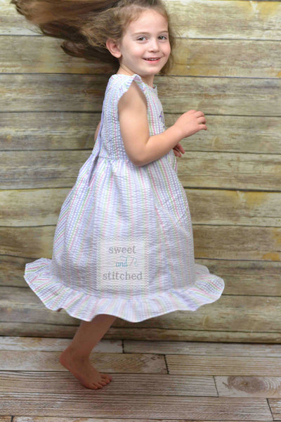 Monogrammed Seersucker 1st Birthday dress, toddler dress, baby girl rainbow cake smash dress personalized, cake smash outfit