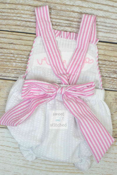 Monogrammed baby girl seersucker Easter romper with bunnies, girls cross backed bubble, easter outfit, church outfit