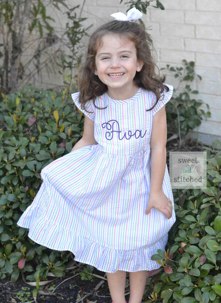 Monogrammed Seersucker 1st Birthday dress, toddler dress, baby girl rainbow cake smash dress personalized, cake smash outfit