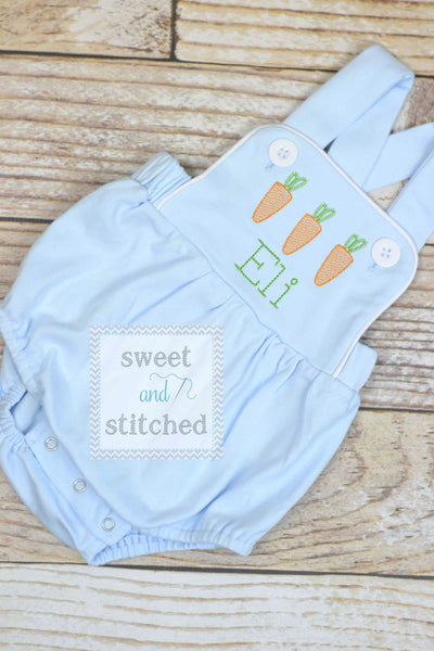Monogrammed boys easter romper in baby blue, Boys easter outfit with carrots, baby boy bubble romper, baby boy easter carrot romper