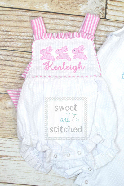 Monogrammed baby girl seersucker Easter romper with bunnies, girls cross backed bubble, easter outfit, church outfit