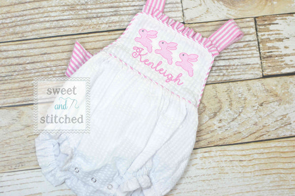 Monogrammed baby girl seersucker Easter romper with bunnies, girls cross backed bubble, easter outfit, church outfit