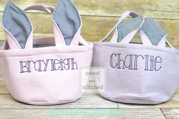 Monogrammed Easter baskets in pink, purple, and blue seersucker, seersucker easter baskets personalized, seersucker tote bags monogrammed