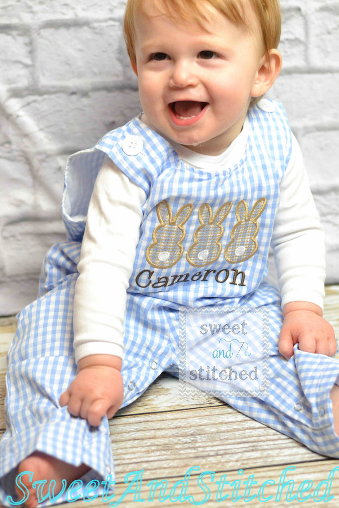 Personalized Boys Easter outfit with bunny design and name - Baby Boy Easter Outfit, Easter overalls, Easter monogrammed Longall outfit