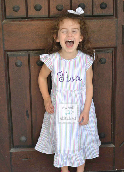 Monogrammed Seersucker 1st Birthday dress, toddler dress, baby girl rainbow cake smash dress personalized, cake smash outfit