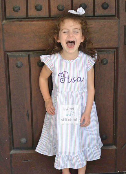 Monogrammed Seersucker 1st Birthday dress, toddler dress, baby girl rainbow cake smash dress personalized, cake smash outfit