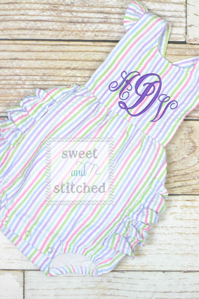 Monogrammed baby girl rainbow ruffle bubble with hot pink monogram, Seersucker girls bubble monogrammed, summer romper, girls Beach Outfit