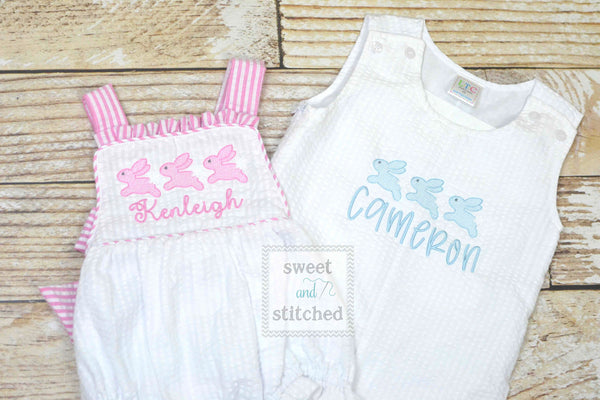 Monogrammed baby girl seersucker Easter romper with bunnies, girls cross backed bubble, easter outfit, church outfit
