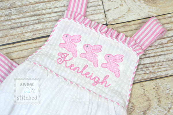 Monogrammed baby girl seersucker Easter romper with bunnies, girls cross backed bubble, easter outfit, church outfit