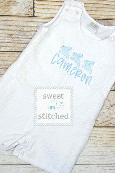 Monogrammed Boys Easter Romper, Baby boy Easter Outfit, Personalized easter outfit, white seersucker with easter bunny design