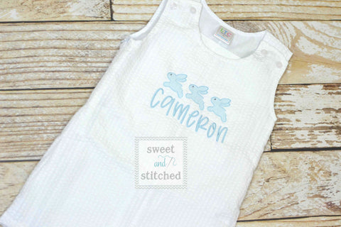 Monogrammed Boys Easter Romper, Baby boy Easter Outfit, Personalized easter outfit, white seersucker with easter bunny design