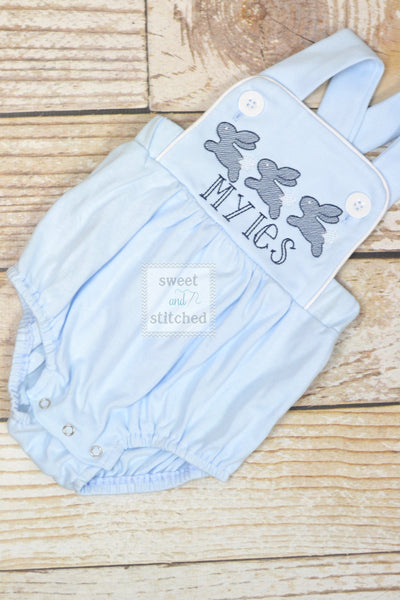 Monogrammed boys easter romper in baby blue, Boys easter outfit with running bunnies, baby boy bubble romper, baby boy easter bunny romper